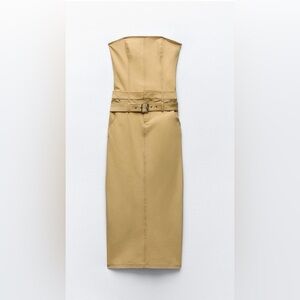 ZARA Strapless Belted Midi Dress – Camel Utility Style